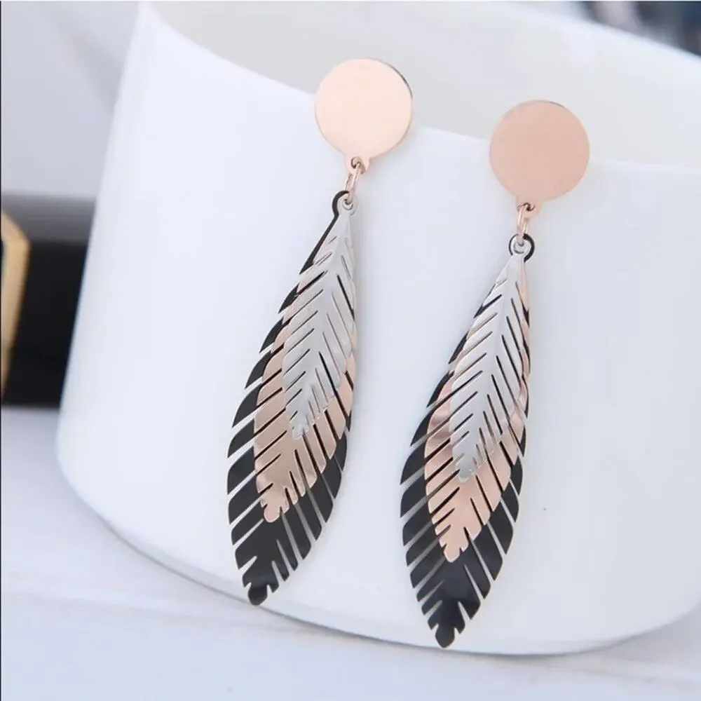 2/$24 NEW Boho Silver Rose Gold Black Feather Earrings 129 - Picture 1 of 9